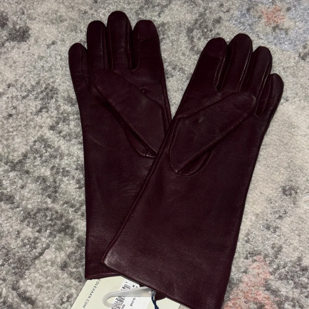 Cole Haan Women's Burgundy Leather Gloves with Gold Logo